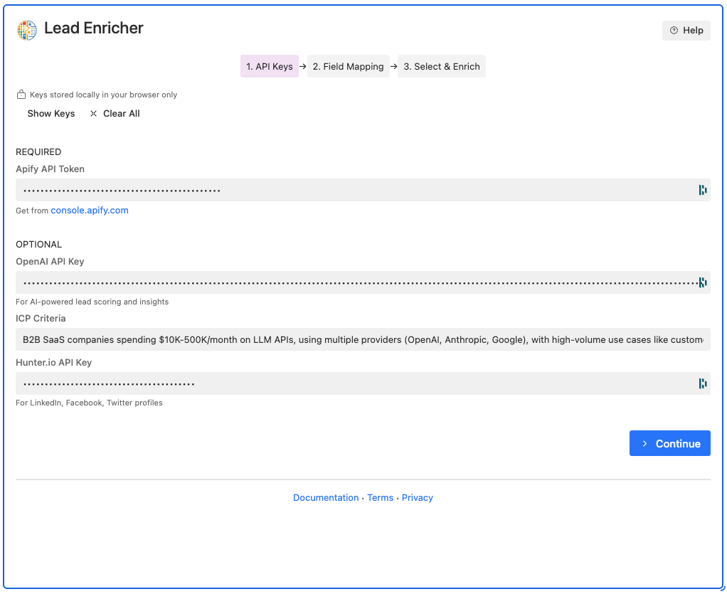 Step 1: API Keys Configuration with security features and API key inputs
