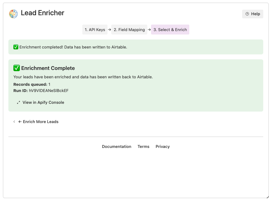 Enrichment complete success screen with final results and navigation options