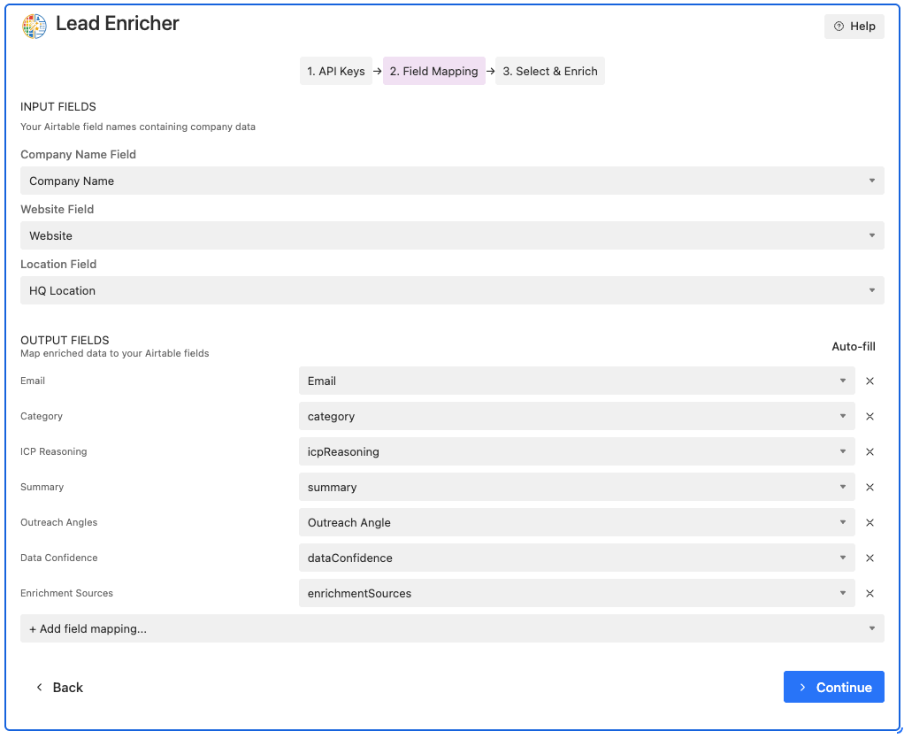 Step 2: Field Mapping with smart auto-fill and interactive field selection