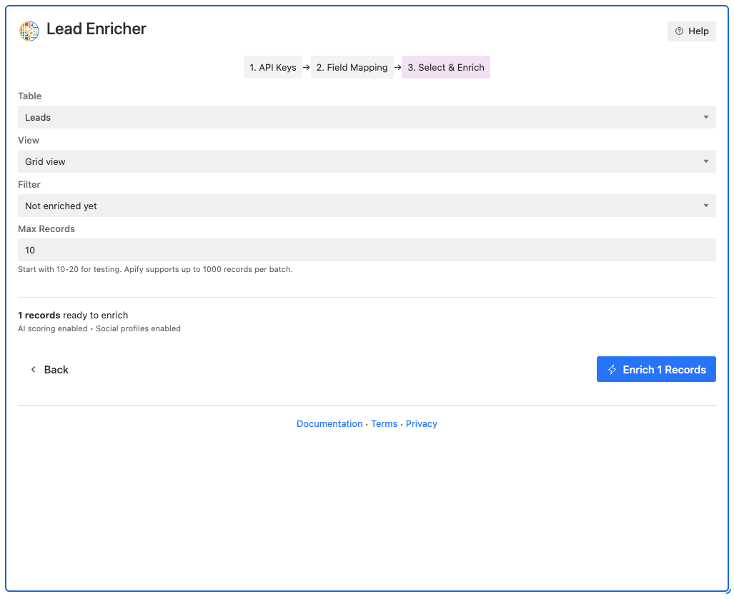 Step 3: Record selection with filtering options and batch configuration