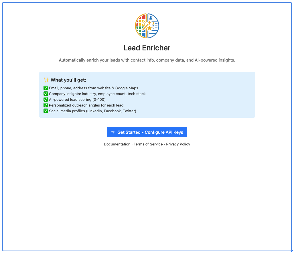 Welcome Screen showing Lead Enricher features and Get Started button